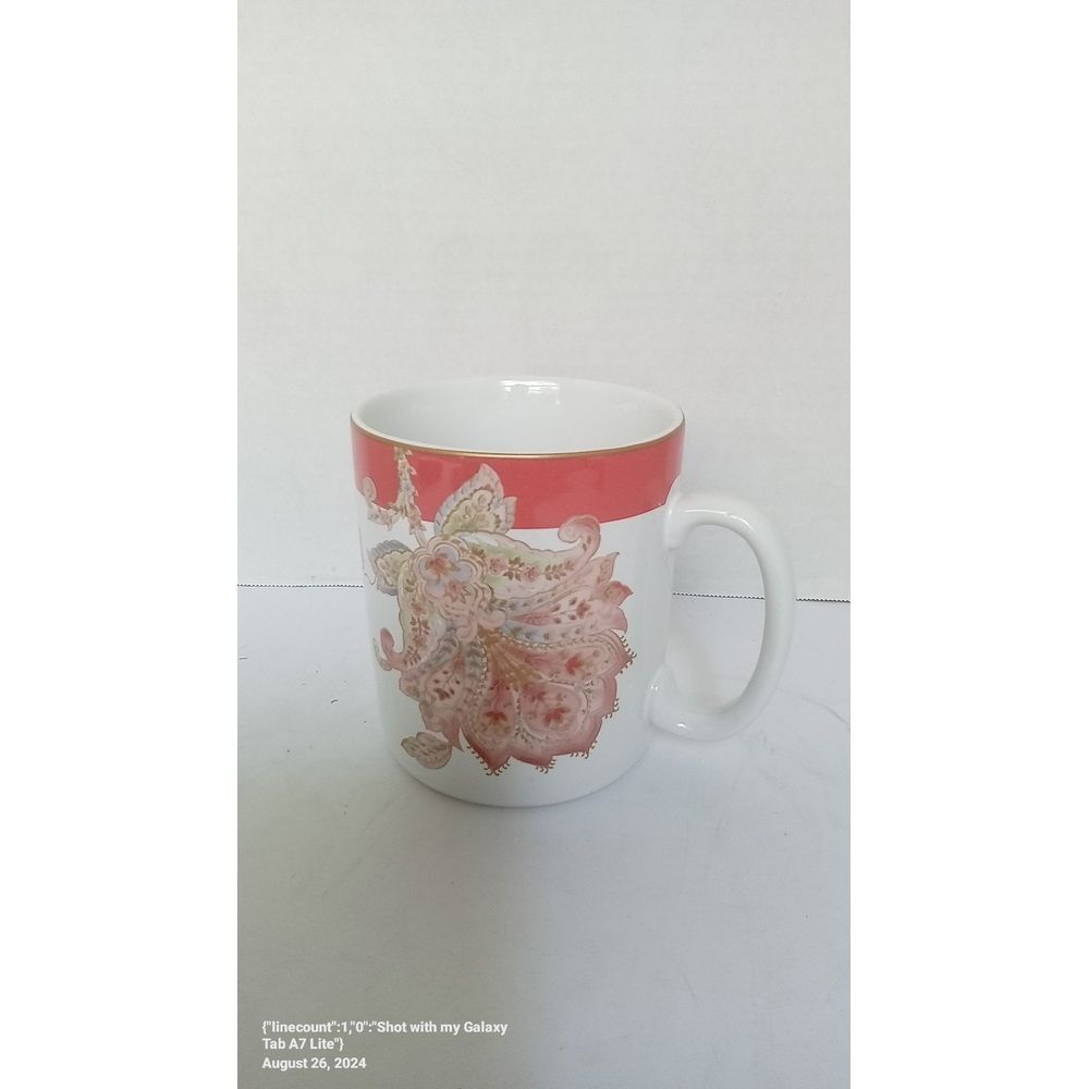 Elegant Floral Coffee Mug with Coral Band and Vintage Rose Pattern Ceramic Cup